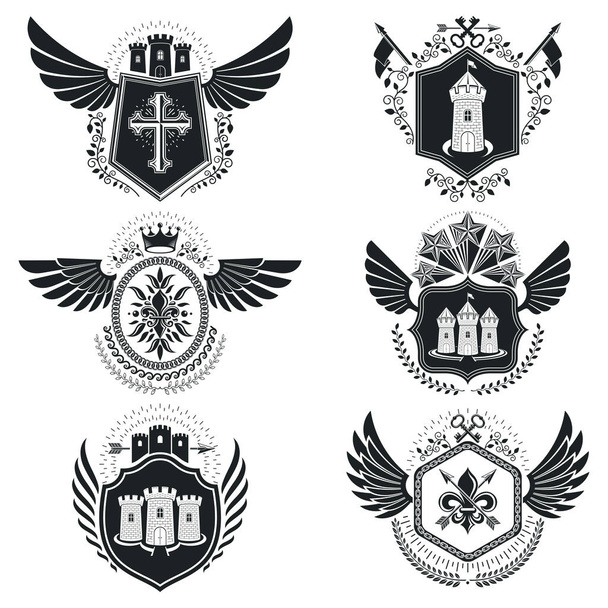 Heraldic signs vector vintage elements. Collection of symbols in vintage style. - Vector, Image