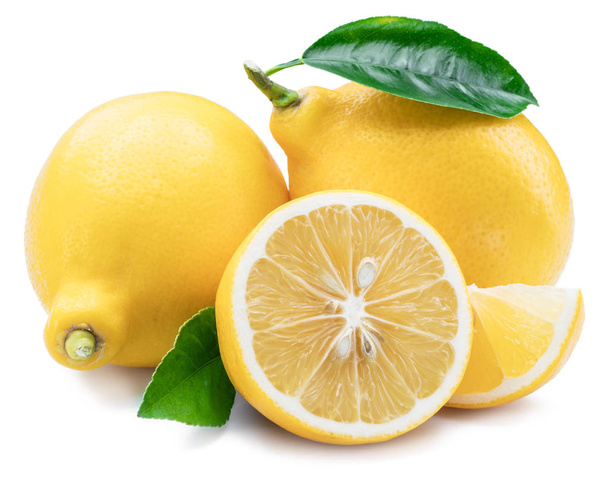 Lemon fruits, lemon slices with leaves on the white background. - Fotografie, Obrázek