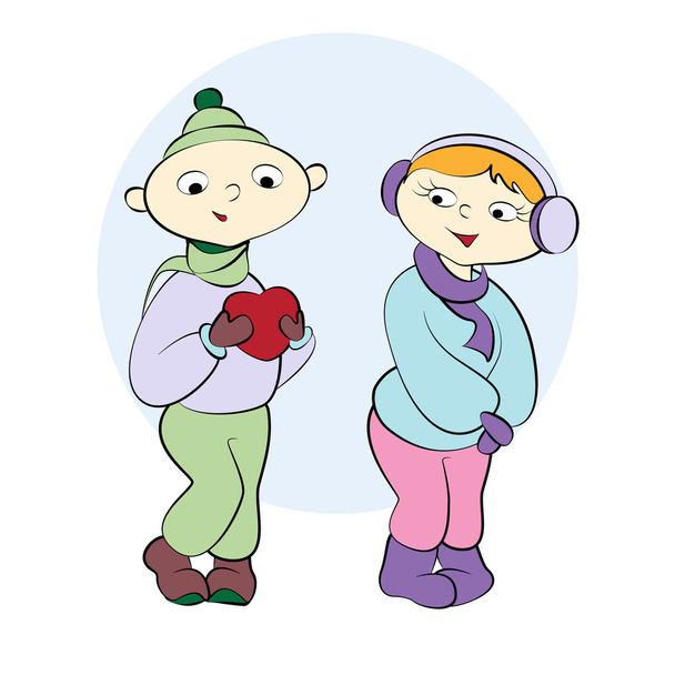 Cute boy and girl with red heart. Vector illustration. - Διάνυσμα, εικόνα