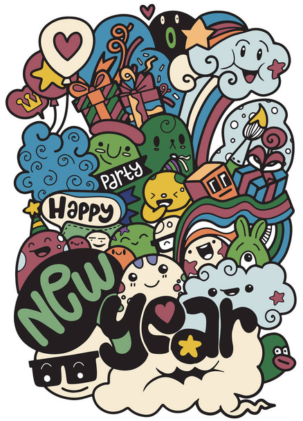 Arte de línea vectorial Doodle monstruo conjunto de objetos y símbolos en el tema Feliz Año Nuevo, Vector ilustración de Doodle lindo Monster fondo, Dibujo a mano Doodle
 - Vector, Imagen