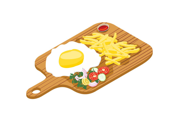 Delicious fried eggs with french fries and salad with onion, cucumber, tomato and chili. Vector illustration - Vector, Image