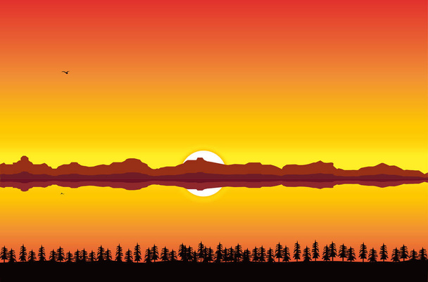 Auringonlasku joella ja vuorilla. Vektoriesimerkki
 - Vektori, kuva