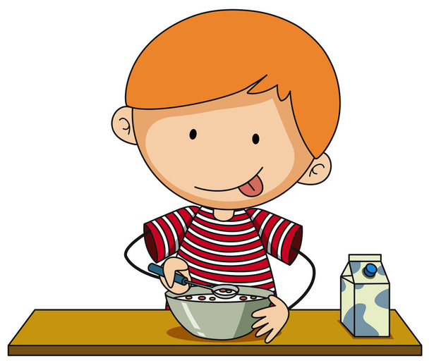 Μικρό αγόρι έχοντας δημητριακά με γάλα - Διάνυσμα, εικόνα