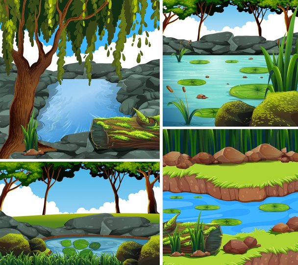 Cztery tła sceny z rzeką, w lesie - Wektor, obraz