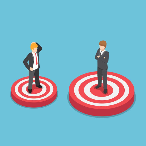 Isometric businessman standing on bigger target than his friend. - Vector, Image