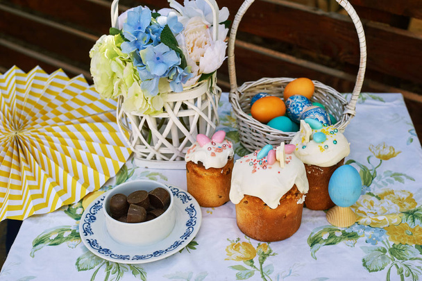 dyed Easter eggs in a wooden basket . The view from the top - Photo, Image