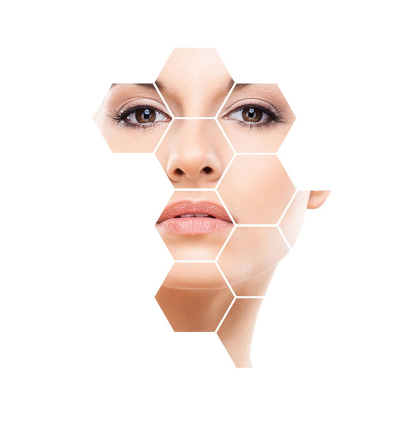 Human face in honeycomb. Young and healthy woman in plastic surgery, medicine, spa and face lifting concept. - Photo, Image