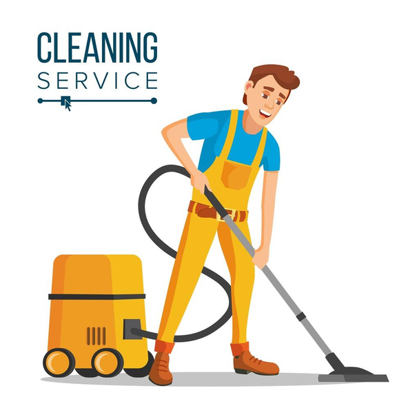 Office Cleaner Vector. Work Wiping, Dusting, Vacuuming Floor Carpets. Sanitation And Cleaner Washing. Isolated Flat Cartoon Character Illustration - Vector, Image