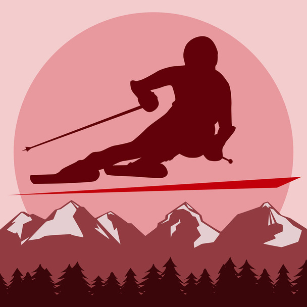 su uno sfondo di montagne astratte e sole. una persona va veloce a sciare in discesa. silhouette scura
. - Vettoriali, immagini