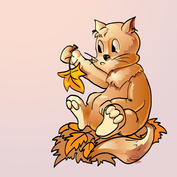 Surprised cat with autumn leaves. Vector illustration. - Vector, Image