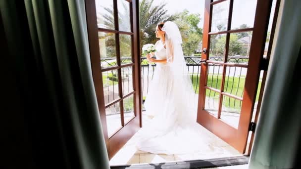 Portrait Caucasian Bride White Wedding Dress - Footage, Video