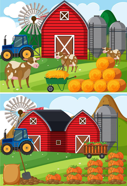 Δύο σκηνές του αγροκτήματος με αγελάδες και κολοκύθα μπαλώματα - Διάνυσμα, εικόνα
