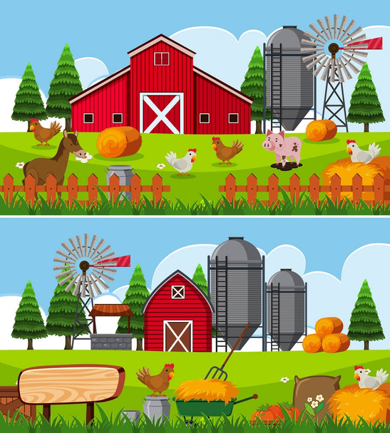 Две сцены фермы со многими животными
 - Вектор,изображение