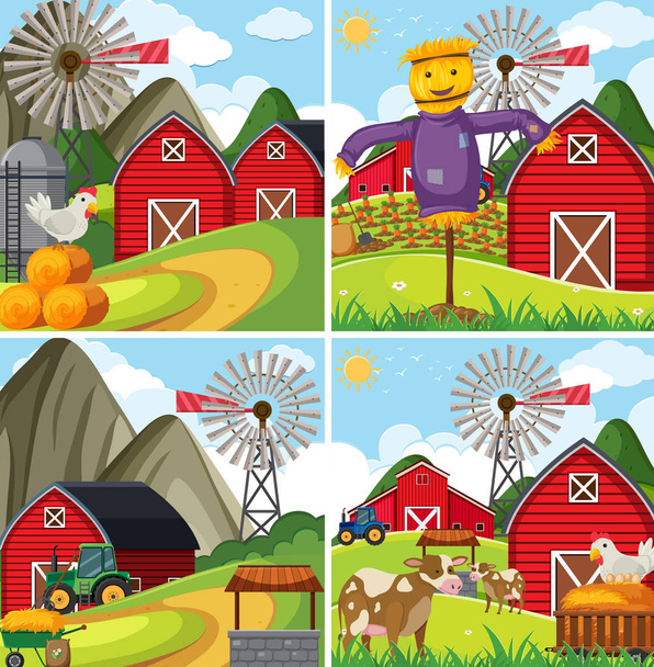 Τέσσερις αγρόκτημα σκηνές με κόκκινο αχυρώνα και για τα ζώα - Διάνυσμα, εικόνα