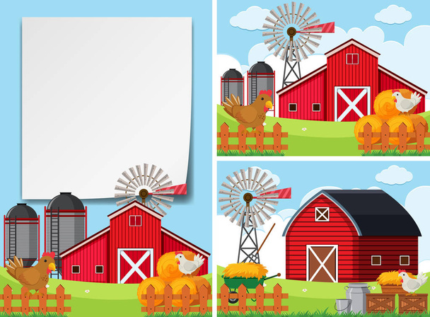 Tři scény s stodoly a kuřata - Vektor, obrázek