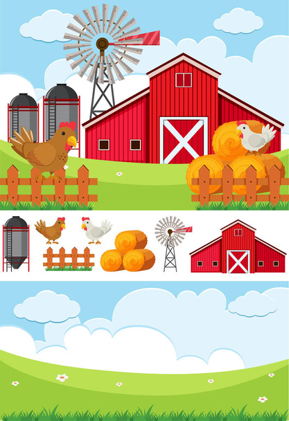 フィールドと鶏の農場のシーン - ベクター画像