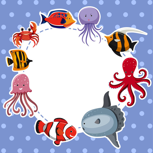 Rand sjabloon met zeedieren op blauwe achtergrond - Vector, afbeelding