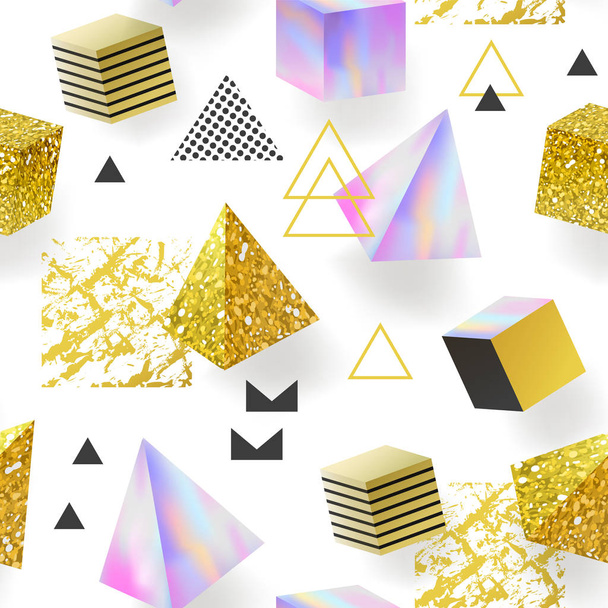Trendy Golden Glitter Memphis Seamless Pattern (en inglés). Fondo brillante con elementos geométricos. Diseño de tela de moda de glamour para textiles, póster, impresión. Ilustración vectorial
 - Vector, Imagen