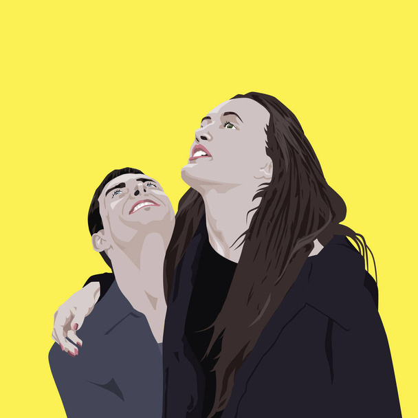 Vektorporträt von zwei Liebenden, Vektorbild von zwei Liebenden auf gelbem Hintergrund - Vektor, Bild