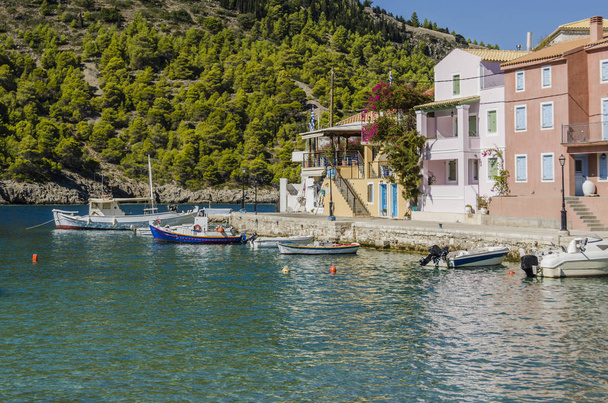 view of quay of assos and boats moored kefalonia - Photo, Image