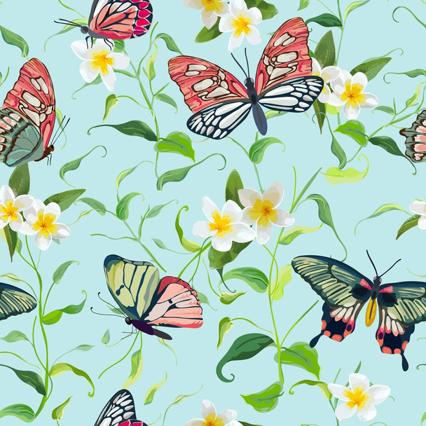 Tropical Flowers and Butterflies Seamless Pattern. Floral Jungle Background for Fabric and Textile. Vector illustration - Vector, Imagen