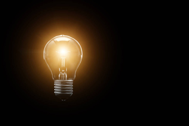 The electric bulb is glowing on a dark background. The concept is a successful idea. - Photo, image
