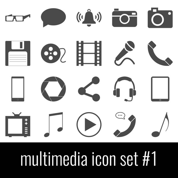 Multimedia. Icon set 1. Gray icons on white background. - Vektori, kuva