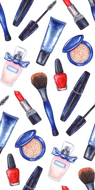 Aquarel vrouwen mascara, crème tube, rode lippenstift, nagellak manicure cosmetica make-up set naadloze patroon textuur achtergrond - Foto, afbeelding