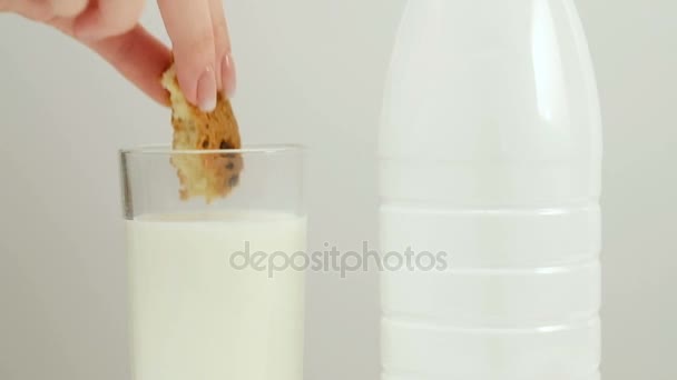 woman cookie dipping warm milk snack - Filmati, video