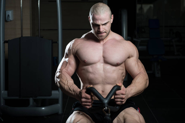 Muscular Man Doing Heavy Weight Exercise For Back - 写真・画像