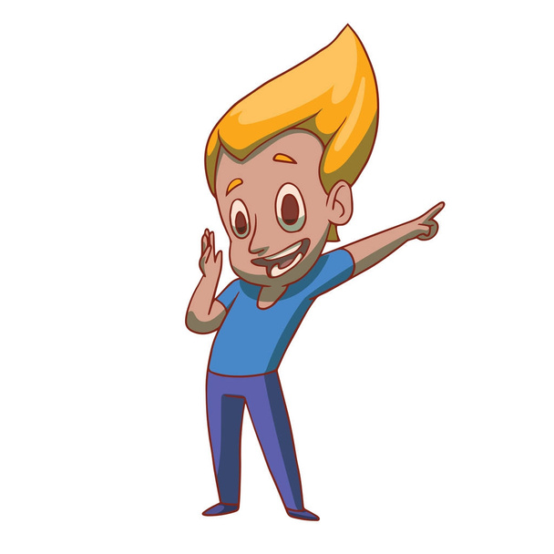 Funny man with yellow hair presenting something - Vector, imagen