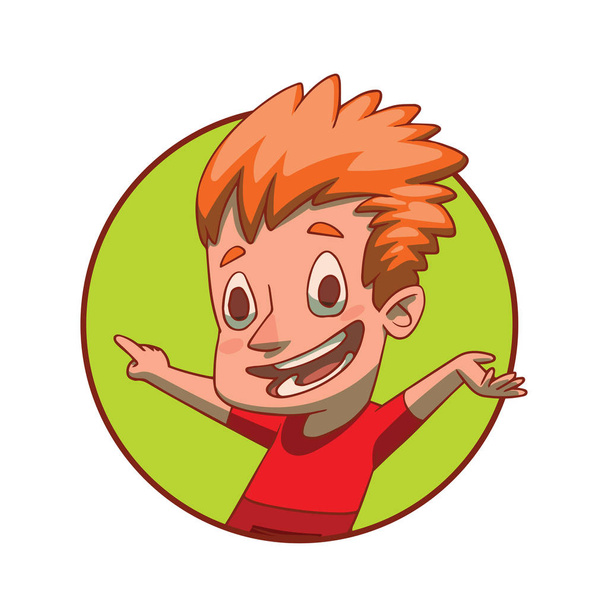 Round frame, funny boy with curly red hair presenting something - Vektor, Bild