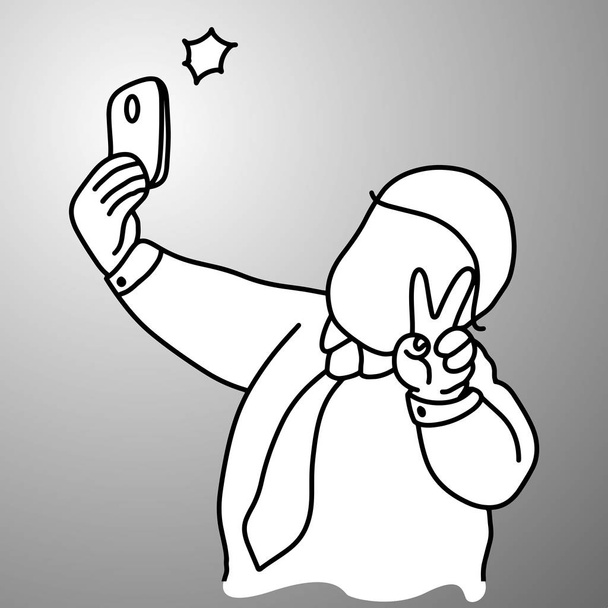 empresario gordo tomando ilustración vector selfie garabato bosquejo mano dibujada con líneas negras aisladas sobre fondo gris. Concepto empresarial
.  - Vector, Imagen