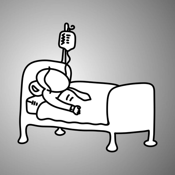 Hombre de negocios enfermo en cama de hospital vector ilustración garabato bosquejo mano dibujada con líneas negras aisladas sobre fondo gris. Concepto empresarial
.  - Vector, imagen