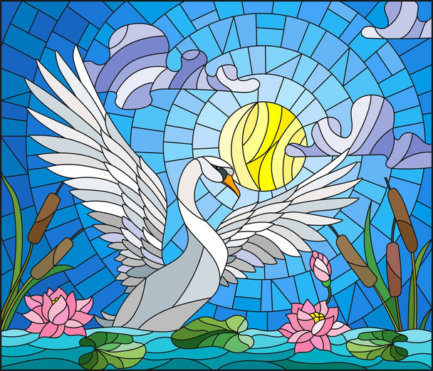 Illustratie in gebrandschilderd glas stijl met zwaan, lotusbloemen en riet op een vijver in de zon, de lucht en de wolken - Vector, afbeelding