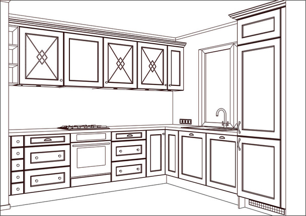 σχέδιο 3D διάνυσμα. Κλασικό σχεδιασμό της κουζίνας στο εσωτερικό του σπιτιού. Σκίτσο της κουζίνας. Υπάρχουν επίσης συσκευές κουζίνας και διακοσμητικά. Προγράμματα λογισμικού οικιακής σχεδίασης. Διαχείριση έργου. - Διάνυσμα, εικόνα