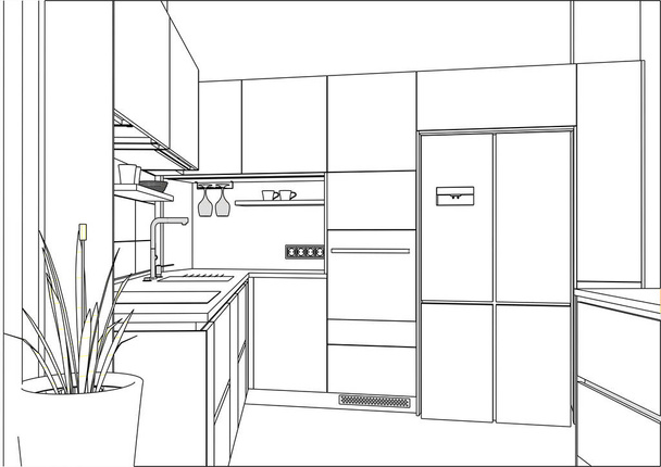 3D векторный эскиз. Современный дизайн кухни в интерьере
.  - Вектор,изображение