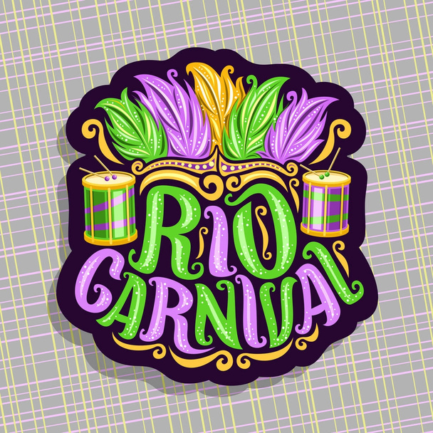 Векторний логотип для Ріо карнавал, плакат з бразильського головний убір, барабанні палички для samba парад, оригінального шрифту для тексту Ріо карнавал, різати папір знак для карнавального шоу в Бразилії Ріо-де-Жанейро - Вектор, зображення