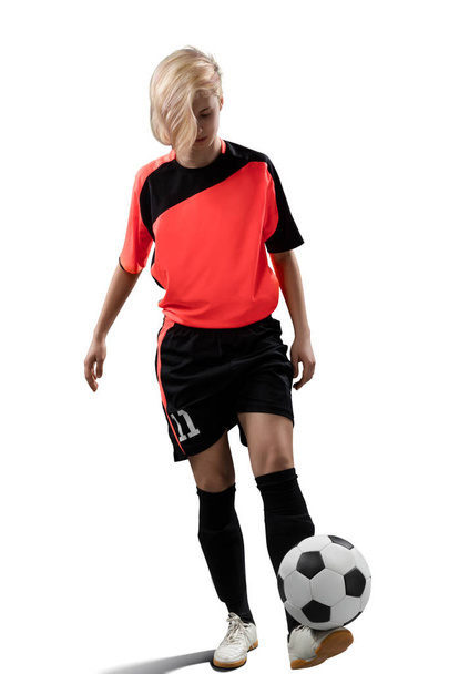 Nainen Soccer Player eristetty valkoinen
 - Valokuva, kuva