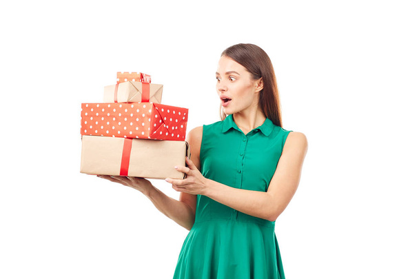 Girl with gift boxes - 写真・画像