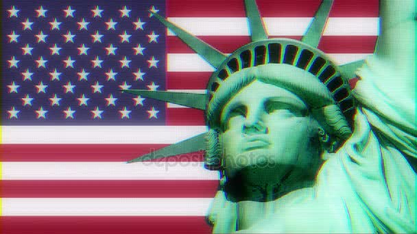 Vrijheidsbeeld met usa vlag op springerig glitch oude computer lcd led buis scherm weergave naadloze loops animatie zwarte achtergrond - nieuwe kwaliteit nationale trots kleurrijke vrolijke videobeelden - Video