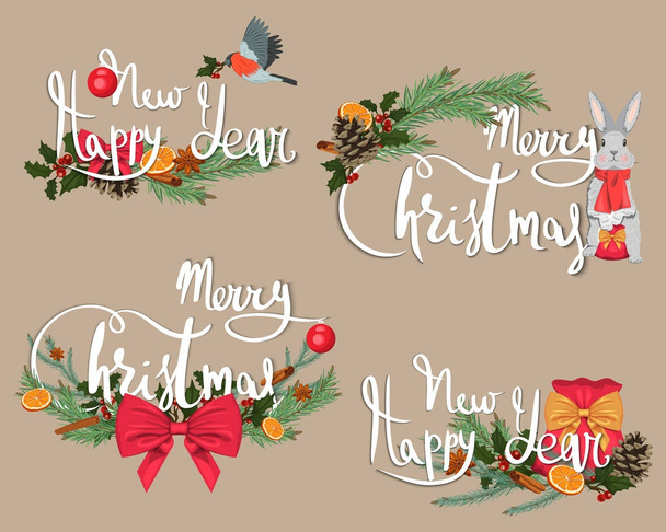 Veselé Vánoce a šťastný nový rok. Sváteční pozdravy a ilustrace - Vektor, obrázek