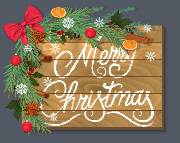 Vrolijk kerstfeest. Houten achtergrond met naaldbossen takken, specerijen en een mooie rode strik - Vector, afbeelding