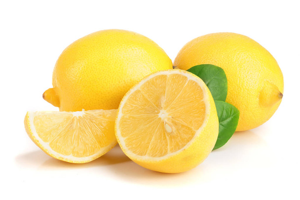 lemon and slice with leaf isolated on white background - Photo, Image
