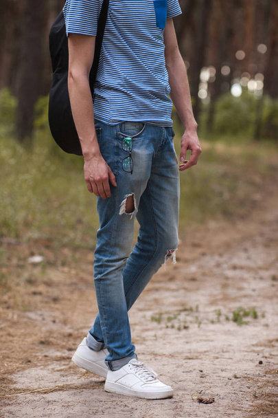 Hiking fashion man look nature outfit concept. - Foto, Imagen