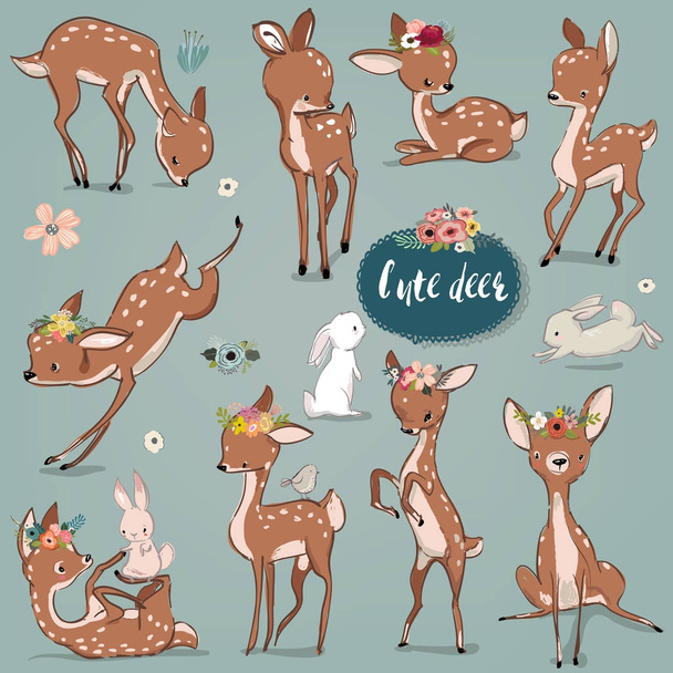 set with cute hares and deer - Vector, Image