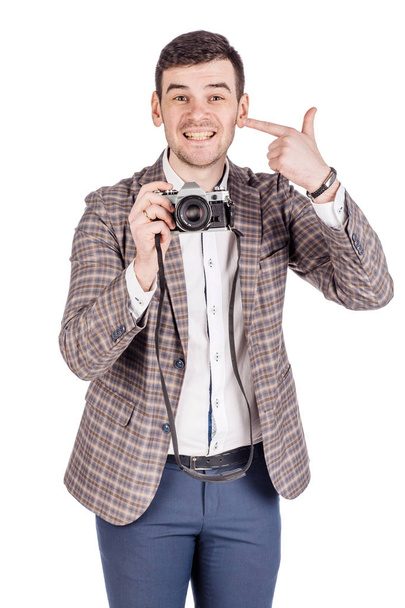 photographer with old retro film  camera. isolated on white back - Foto, immagini