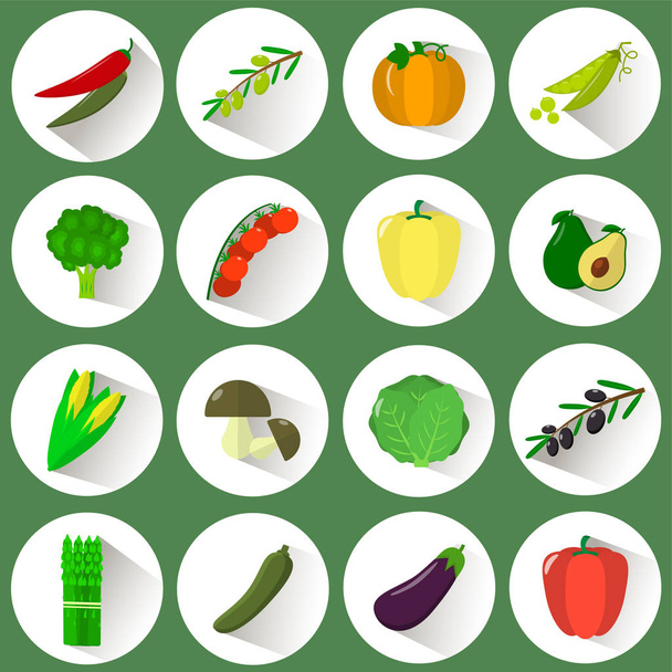 A set of icons of different vegetables in a white circle with a shadow on a green background. - Διάνυσμα, εικόνα