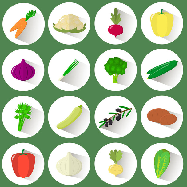 A set of icons of different vegetables in a white circle with a shadow on a green background. - Διάνυσμα, εικόνα