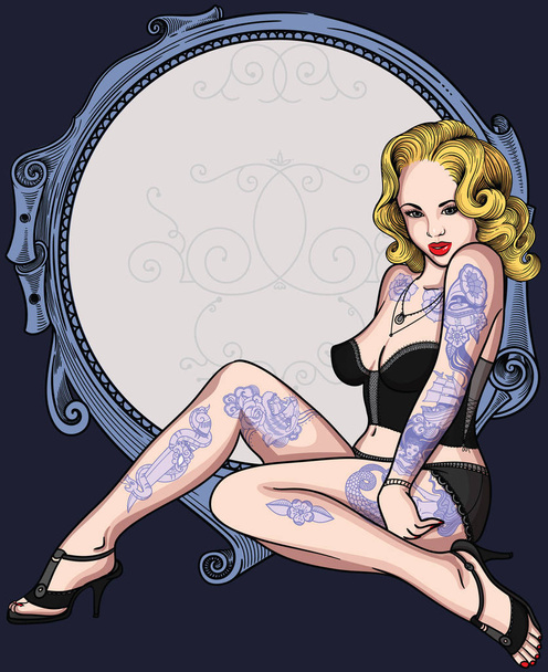 Fully tattooed in old school style sexy girl with long hair .Vector color detailed illustration. Classic vintage tattoos ink on body in retro style.  - Vettoriali, immagini